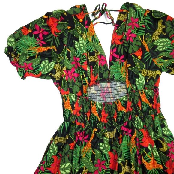 NWT Collectif Juliette Jungle Maxi in Black V-neck Smocked Dress UK 16 / US 12 - Picture 6 of 7